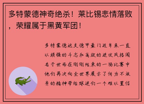 多特蒙德神奇绝杀！莱比锡悲情落败，荣耀属于黑黄军团！